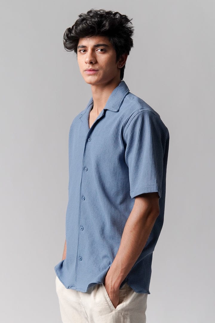 Steel Blue Waffle Knit Cuben Collar Shirt