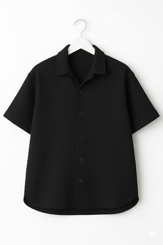 Black Waffle Knit Cuben Collar Shirt