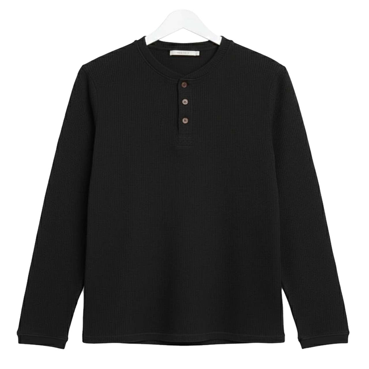 BLACK WAFFLE KNIT HENLEY Long Sleeves T-Shirt