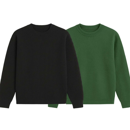 2 Pieces Waffle Knit SweatShirt ( BLACK & GREEN )
