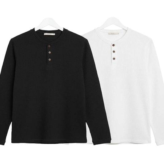 Pack of 2 WAFFLE KNIT HENLEY T-Shirts ( Black & White )