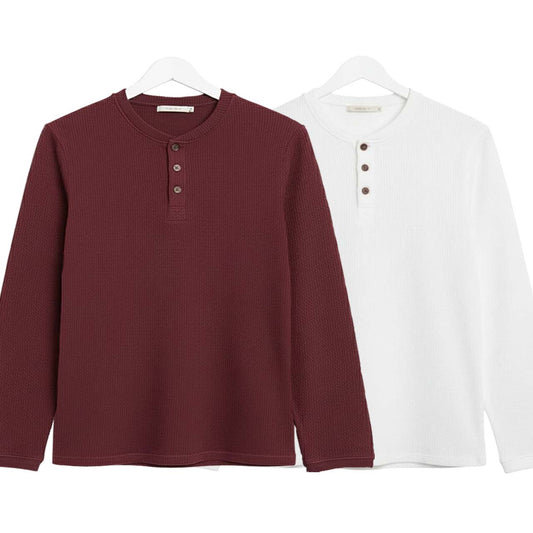 Pack of 2 WAFFLE KNIT HENLEY T-Shirts ( Maroon & white )