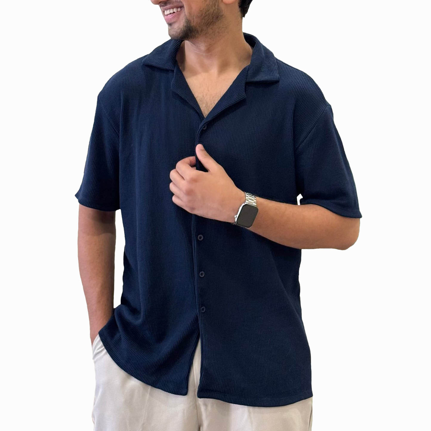 Navy Waffle Knit Cuben Collar Shirt