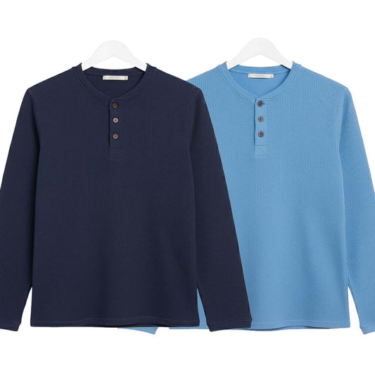 Pack of 2 WAFFLE KNIT HENLEY T-Shirts ( Navy & Sky-Blue )