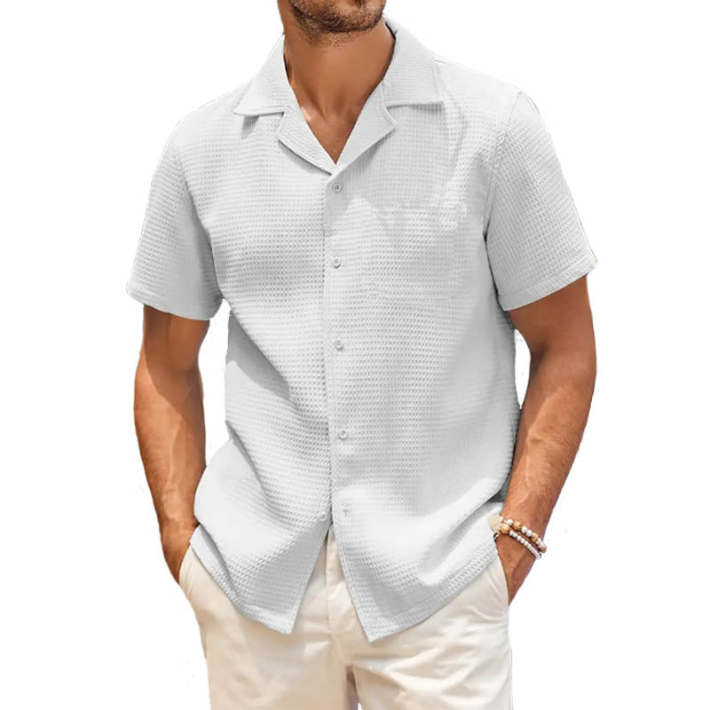White Waffle Knit Cuben Collar Shirt