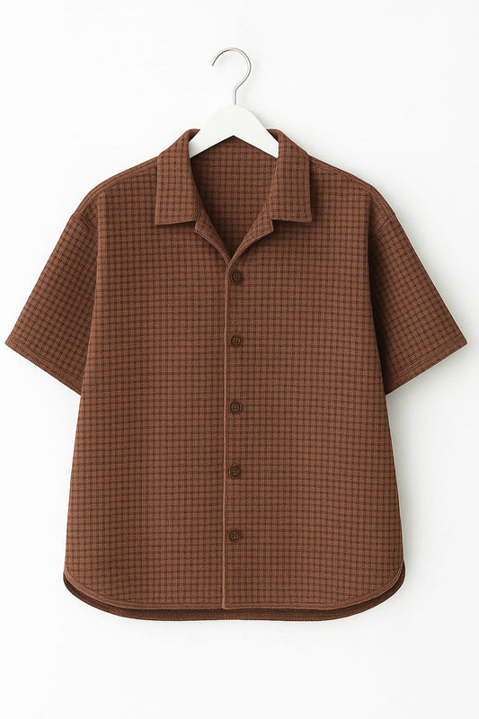 Attractive Brown Waffle Knit Cuben Collar Shirt